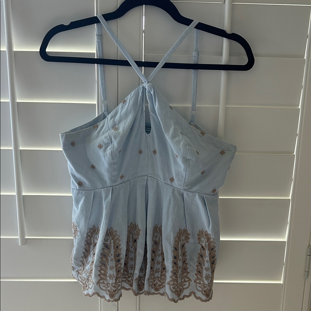 Moulinette Soeurs Light Blue and Brown Embroidered Tank Top